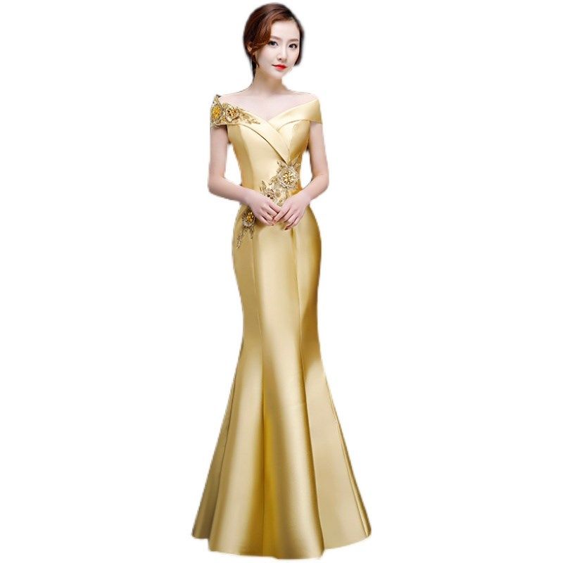 晚礼服女2022新款宴会长款主持人礼服女端庄大气显瘦年会鱼尾