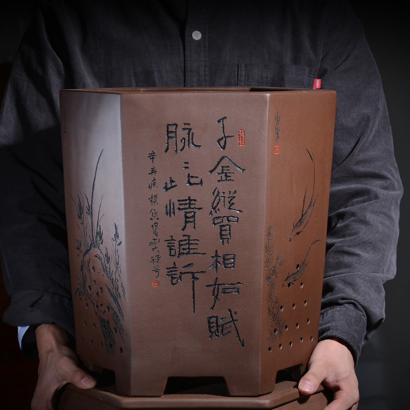 陶瓷紫砂兰花盆室内清雅高档花盆直口六方兰花盆兰花专用盆景花盆