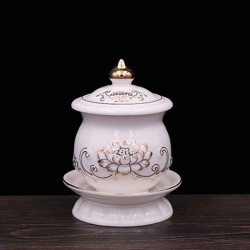 包邮莲花杯大悲水杯无字陶瓷浮雕白玉描金水杯花瓶供盘荷花供水杯