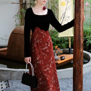 鹿与玫瑰新中式 礼服裙子 红色连衣裙女国风改良旗袍裙气质拼接长袖