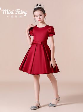 新款女童圣诞节公主裙元旦红色缎布主持礼服诗朗诵短袖钢琴演出服