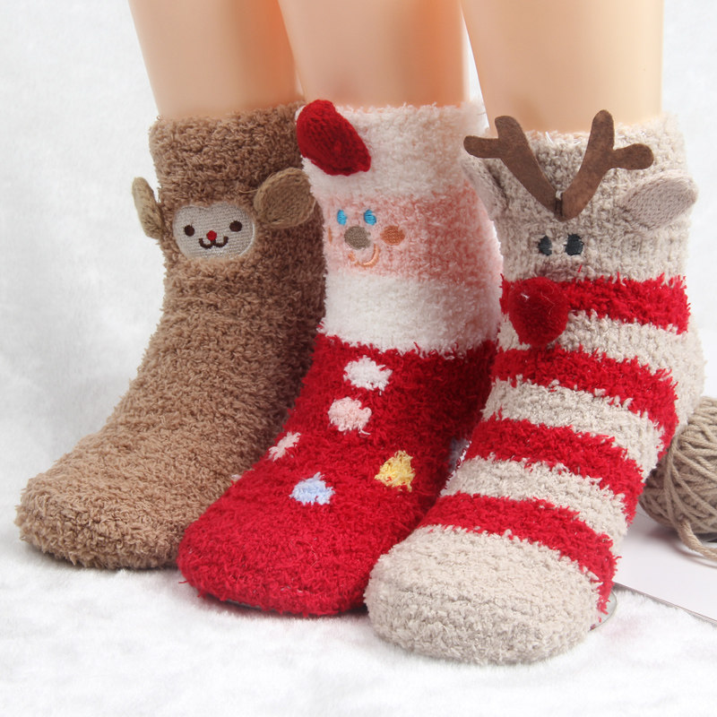 儿童珊瑚绒圣诞袜子纯棉秋冬天加厚男女童袜宝宝中长筒睡眠地板袜