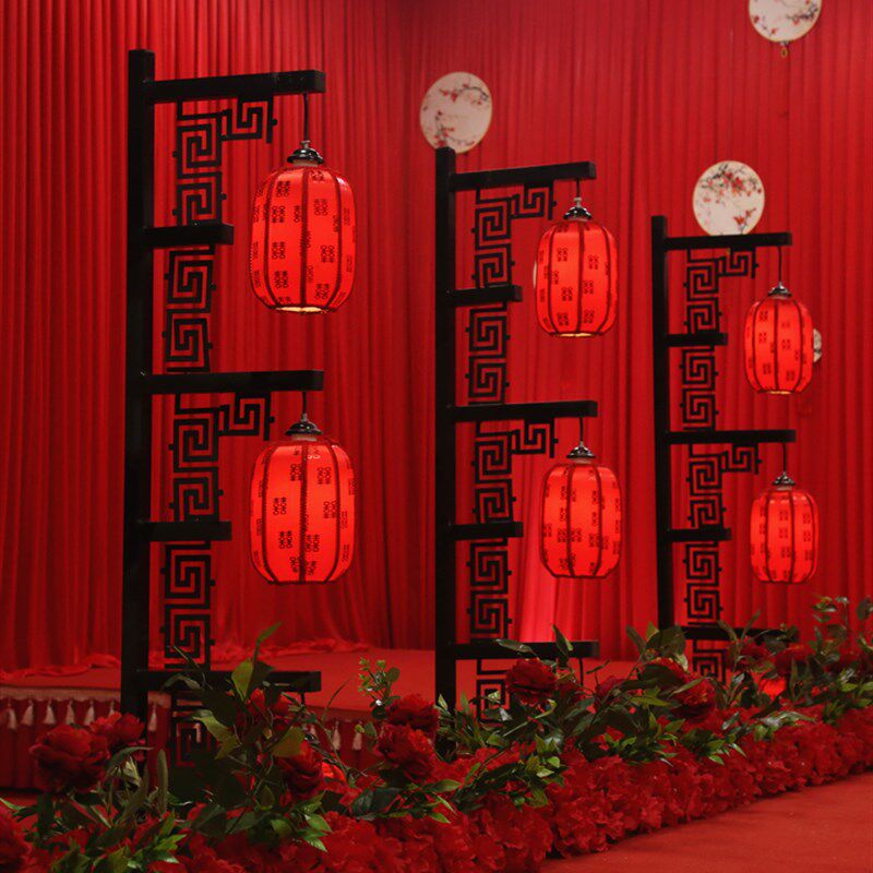 中式宫灯路引汉唐婚礼仿古铁艺三联灯笼路引红羊皮婚庆道具