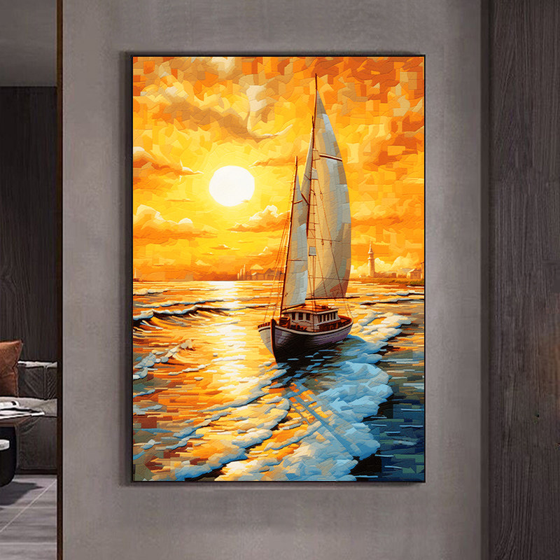 夕阳美丽海景风景diy数字油画 手工填色油彩画帆船一帆风顺装饰画