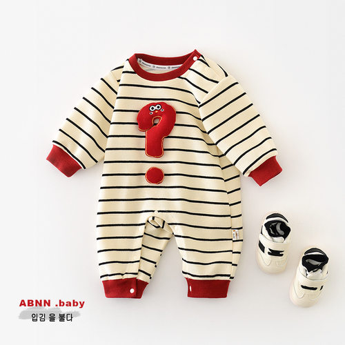 越己2025春季新款休闲套头连身衣 儿童婴幼童条纹问号爬服51675