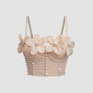 路秋国韩版 百搭高级感立体花卉水钻抹胸一体固定杯鱼骨胸衣DB1807