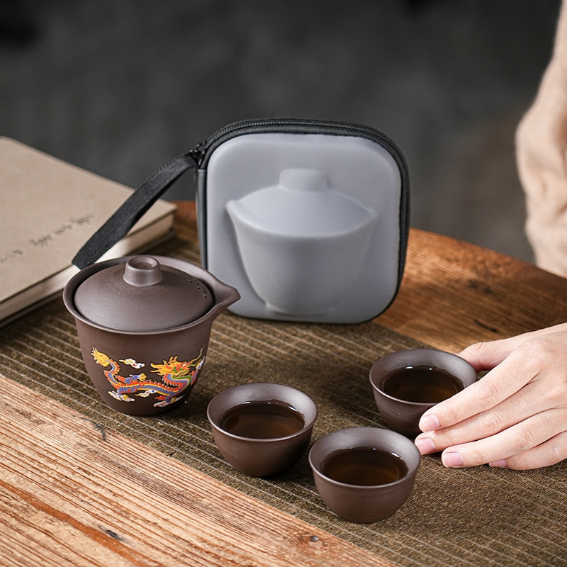 龙凤呈祥变色紫砂壶原矿朱泥带茶滤茶杯大容量泡茶壶旅行茶具