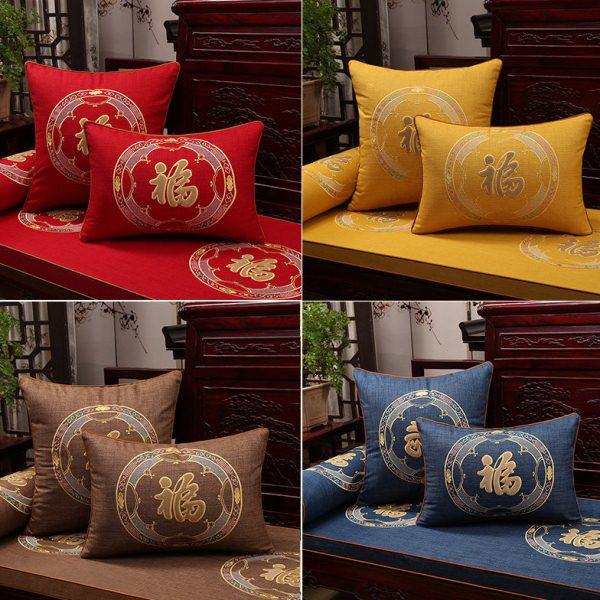 新中式红木沙发坐垫棉麻福字刺绣实木沙发垫罗汉床带海绵靠背棕垫