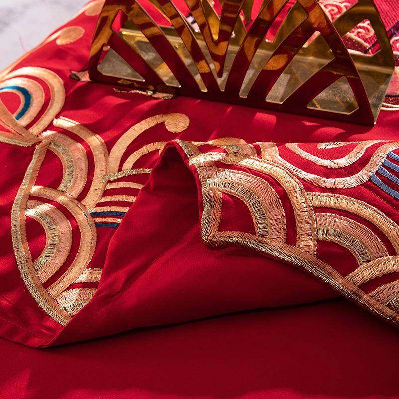 中龙式婚凤庆四件套大红色绣刺床单被套结婚床上用品轻奢OHN婚房