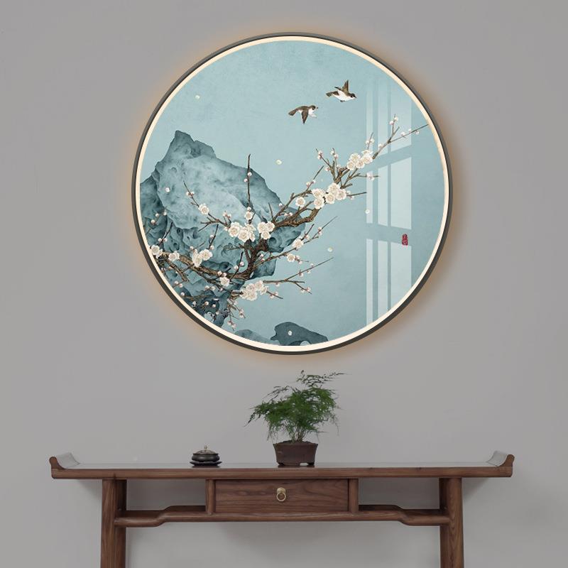 新中式挂酒画LE画笔D灯画工花鸟圆形装饰EIG画店玄关走廊茶室餐厅