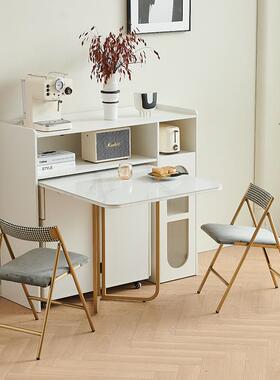 实木可岩板折叠餐桌XOS玻璃酒一体小缩户型家用伸长方形吃饭折叠