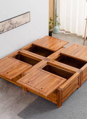 榆实木床榻榻米榫卯结老构双49817人实床带抽屉床高箱储物箱全木