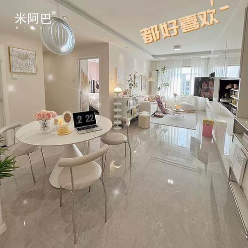 奶油风白岩哑光板餐桌旋转伸缩折叠华尔纯兹色餐桌A0047方变圆两