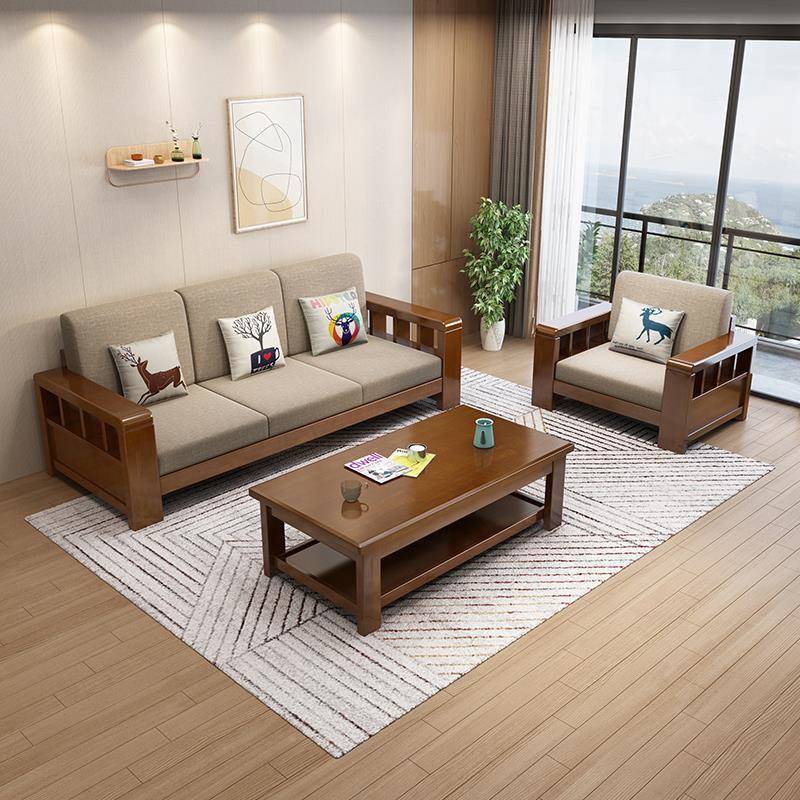 中实式木发三人位木沙发会议室小户型客厅简约木质艺沙发JFQ布组