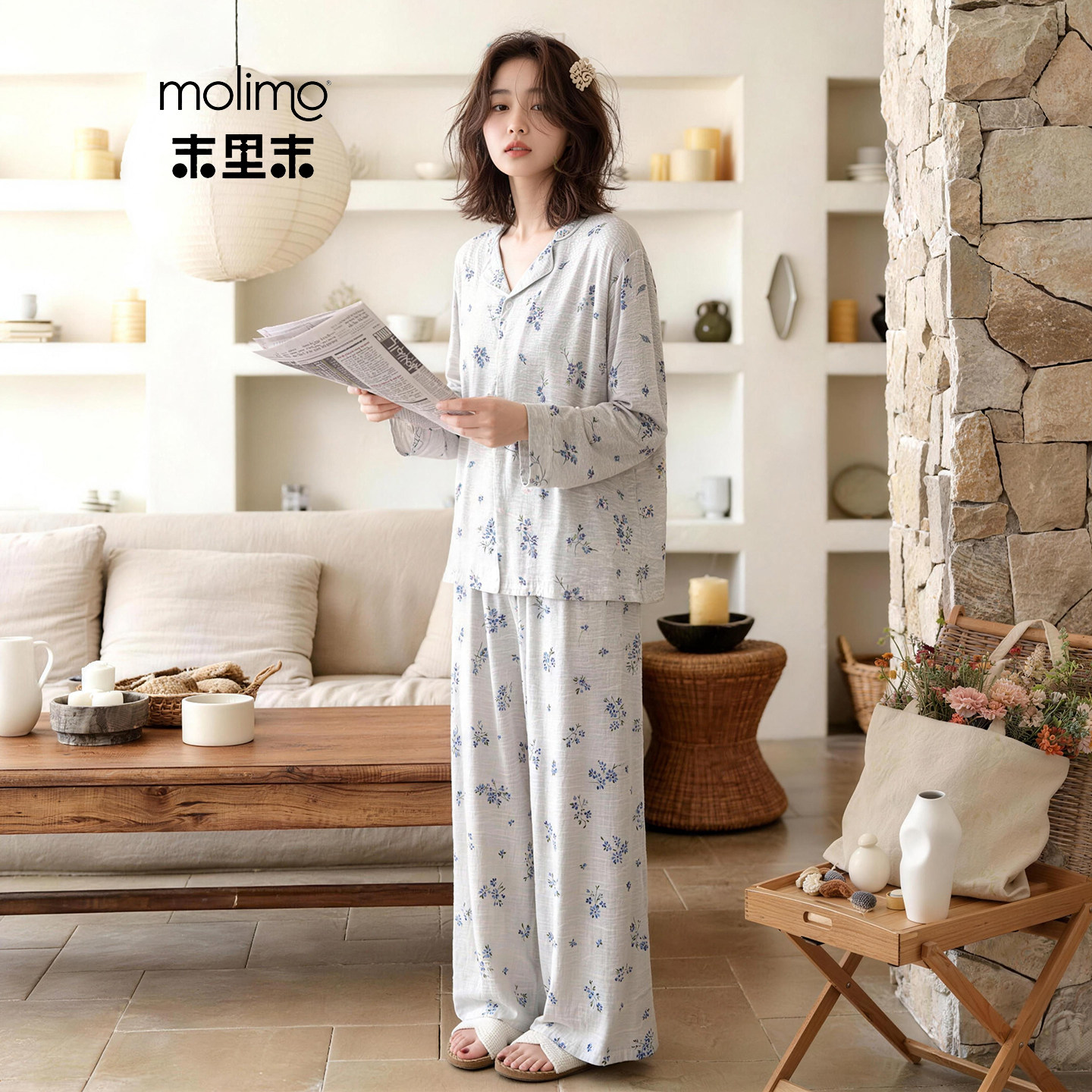 睡衣女款春秋季莫代尔田园风小碎花长袖翻领开衫家居服套装可外穿