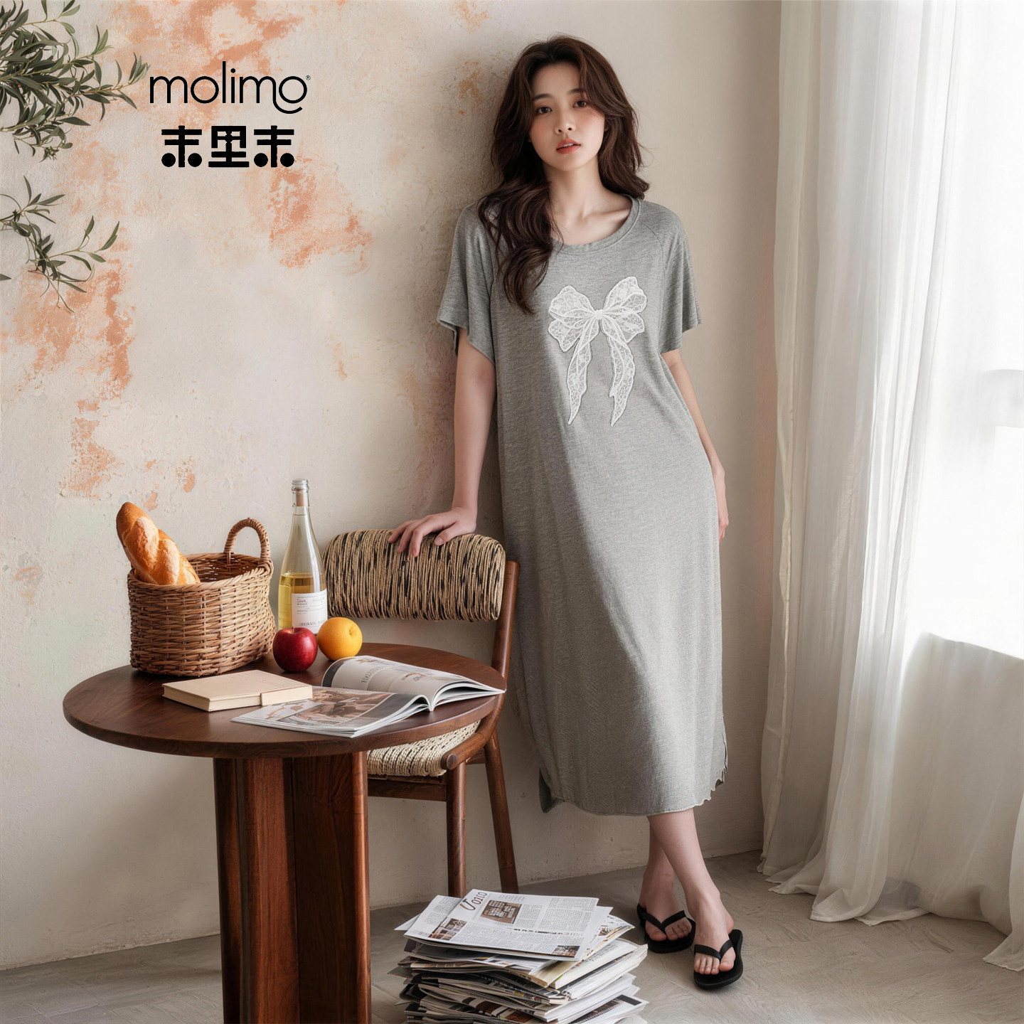 夏季松弛感睡衣女带胸垫可外穿家居服凉感型莫代尔短袖宽松连衣裙