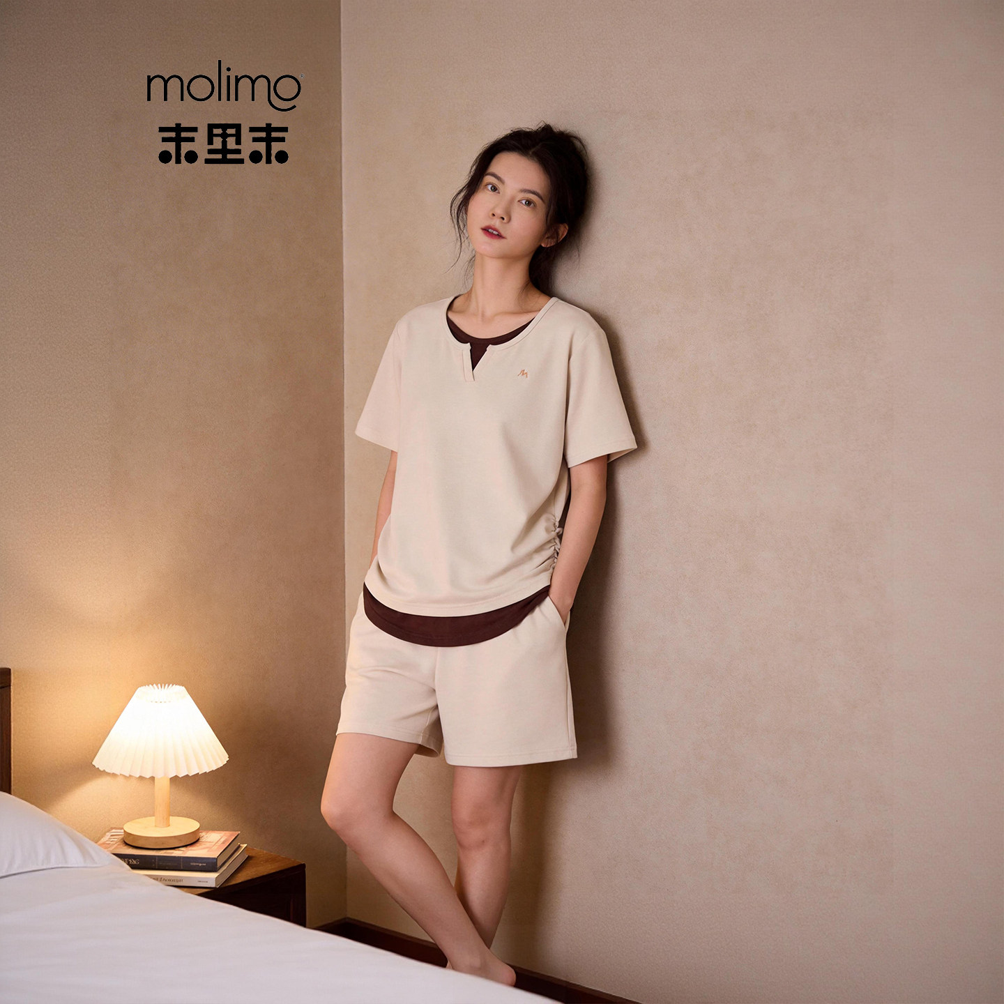 末里末【带胸垫】2026夏季外穿纯棉假两件短袖短裤睡衣女简约舒适