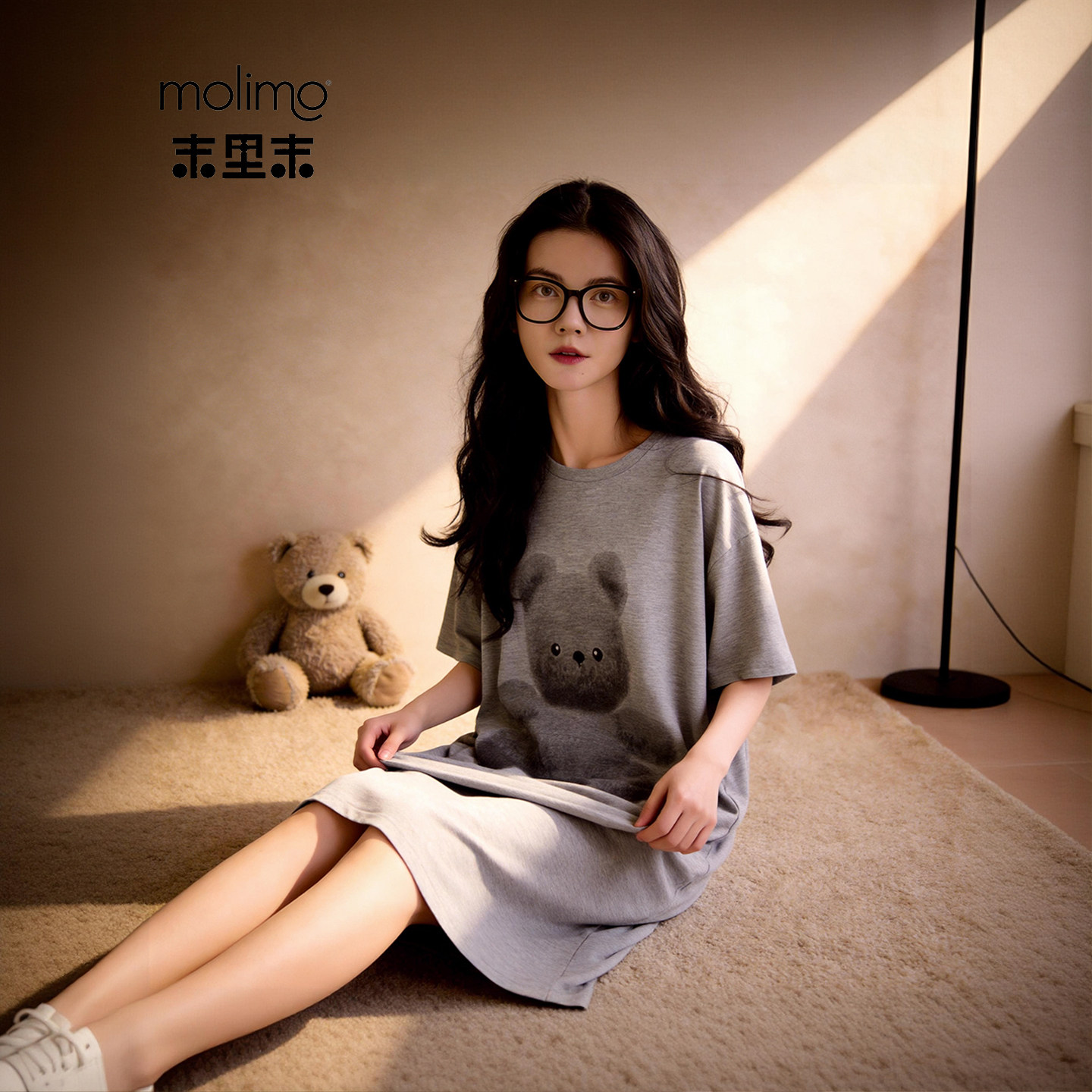 末里末【带胸垫】2026可爱小熊春季睡裙大码夏季外穿睡衣女家居服