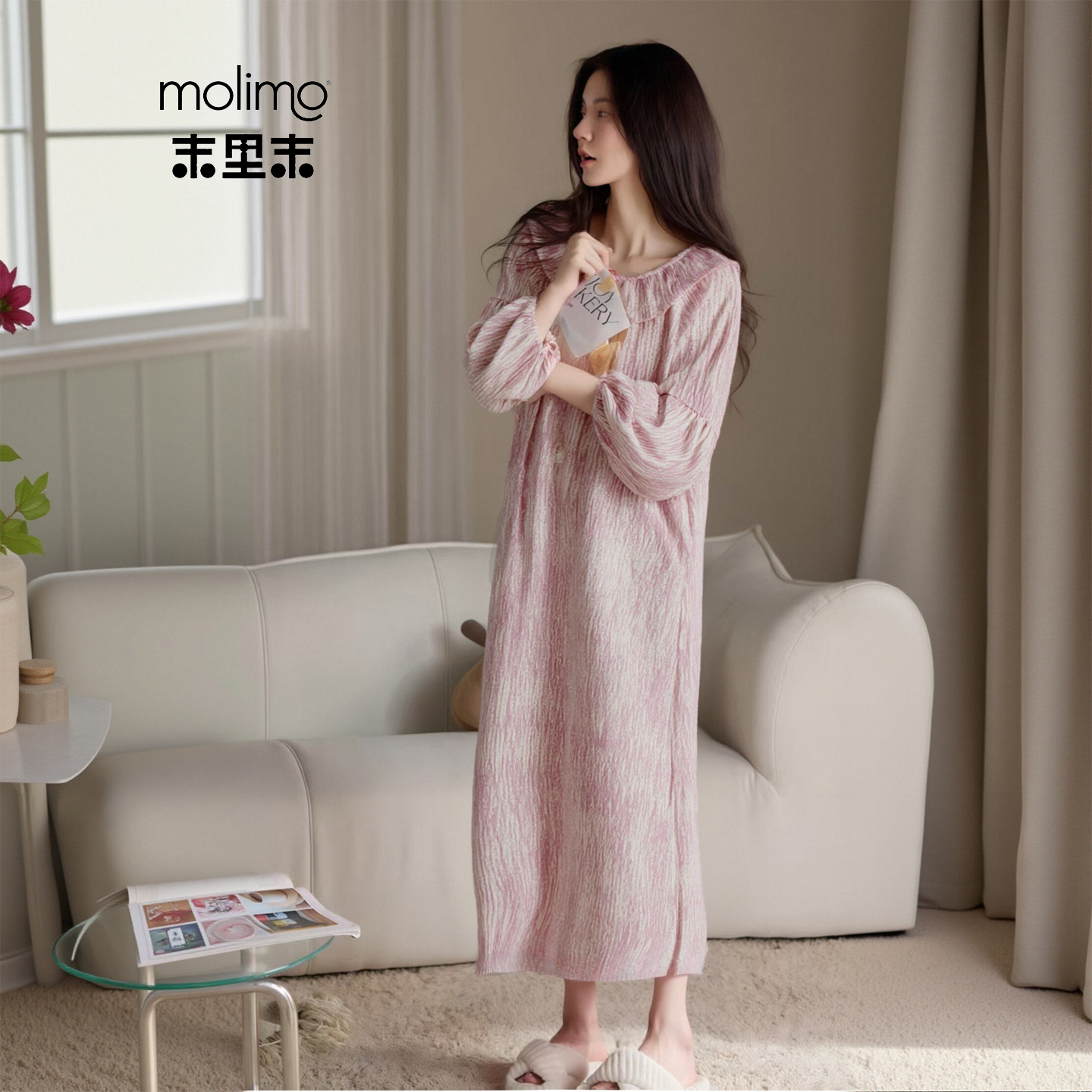 末里末早秋长袖睡衣女甜美粉睡裙