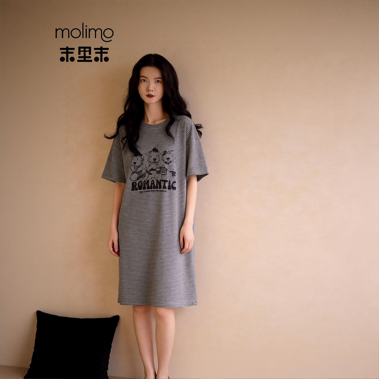 末里末【带胸垫】2026条纹睡裙早春季大码圆领睡衣女士夏季家居服