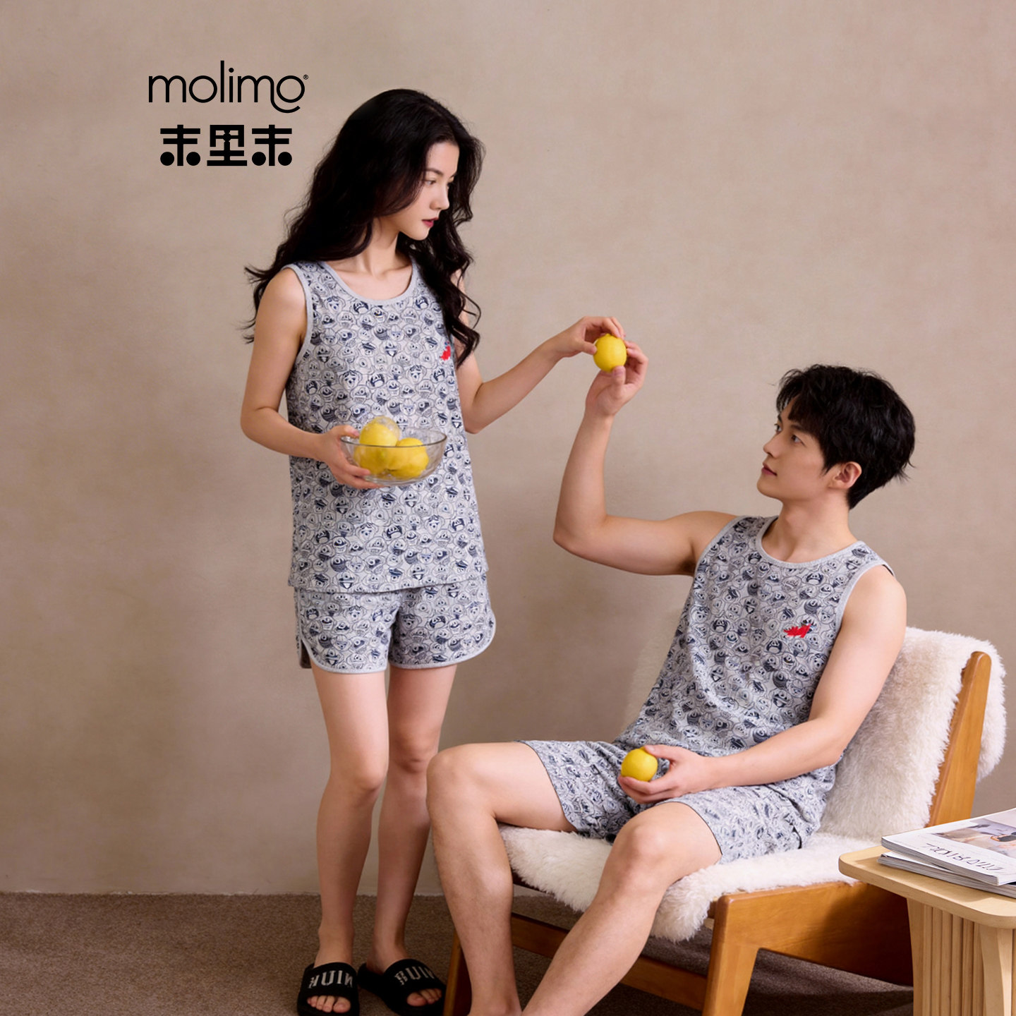末里末【带胸垫】夏季可爱无袖背心情侣睡衣外穿大码男家居服套装