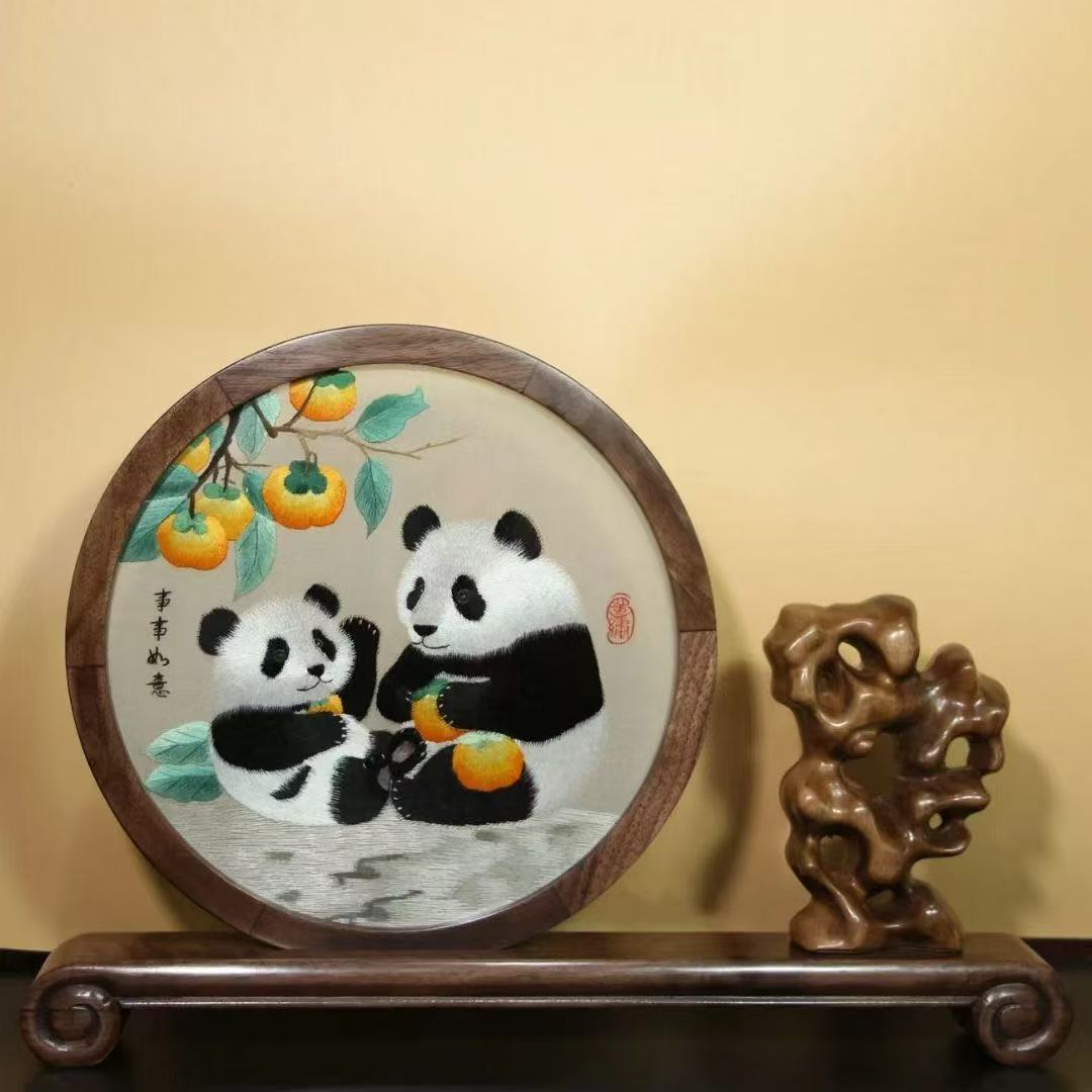 成都特产蜀绣纯手工双面绣摆件刺绣熊猫非遗摆台中国风特色纪念礼