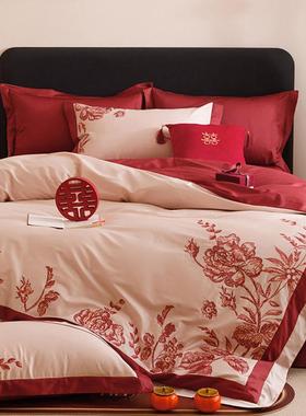 高端床婚庆全风棉软四件柔套轻奢花ILS卉刺绣纯棉白红色被套上用