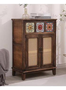 复古备家用实木编带餐玄茶关柜餐柜门柜藤客厅水柜水斗储ZG-68614