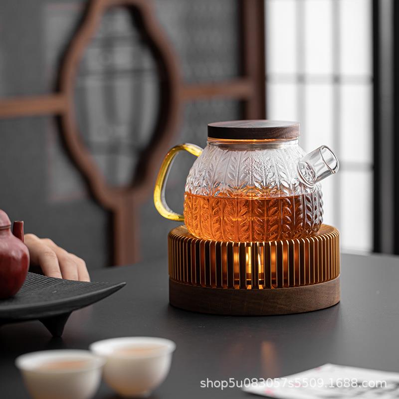 无品牌/胡桃温茶炉木套玻璃茶壶装家用花茶壶温茶器热茶加具