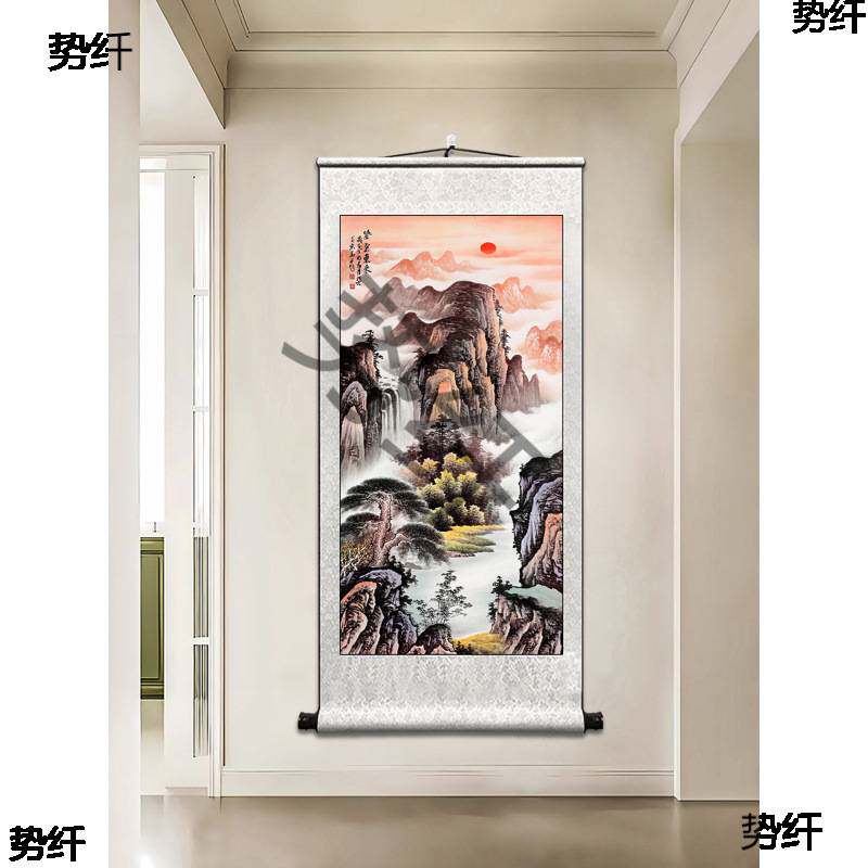 竖款西墙聚财山水画流水生财风景画玄关客厅卷轴聚宝盆装饰