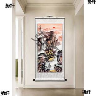 竖款西墙聚财山水画流水生财风景画玄关客厅卷轴聚宝盆装饰