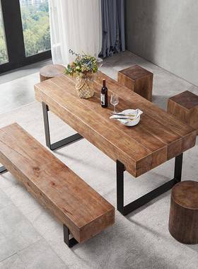 式长条餐桌木桩办公原木桌复古木墩长条YMZ-110凳待美休闲接餐泡