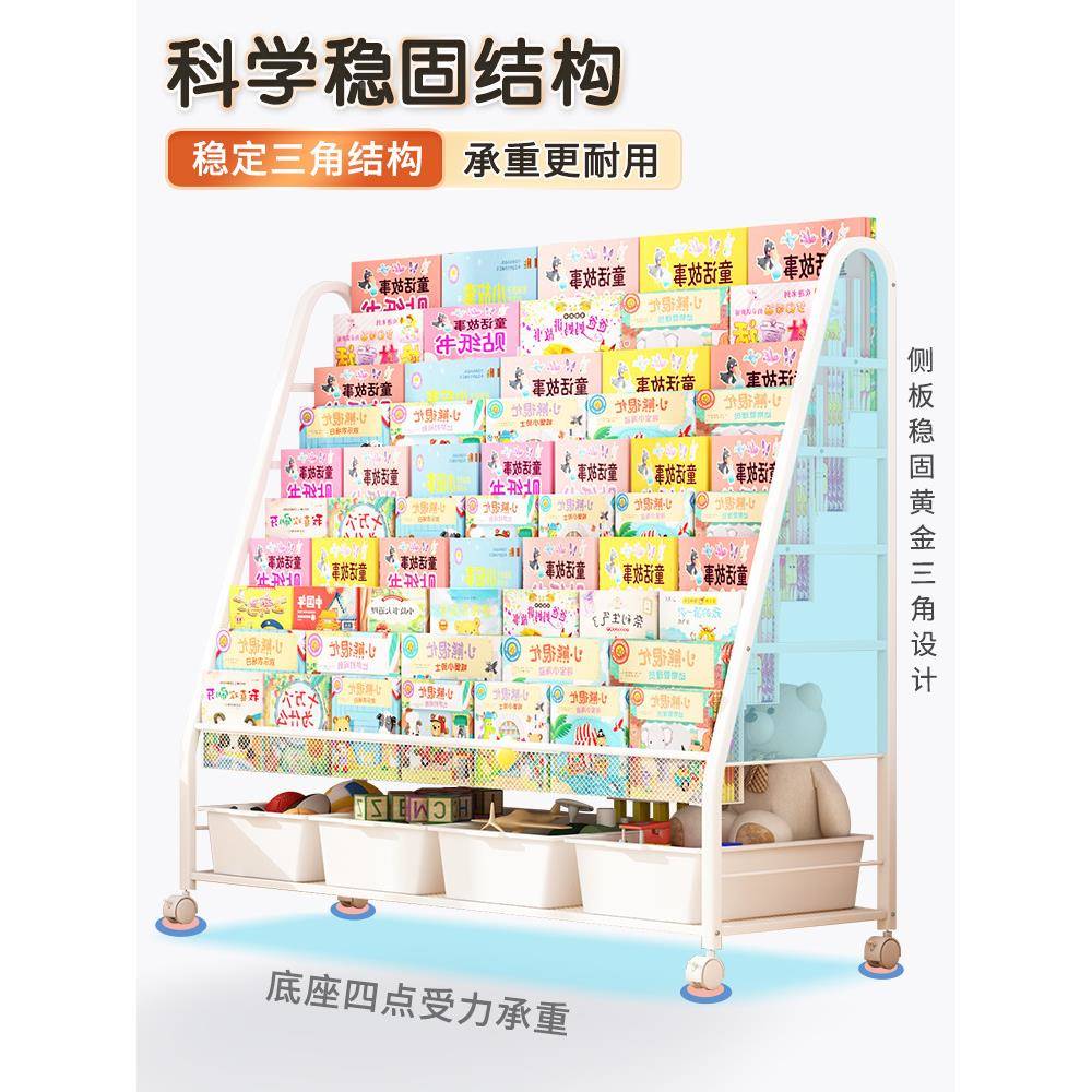 儿书架家用阅读区童绘本架层多玩具收纳铁网款书置物架落架地宝宝
