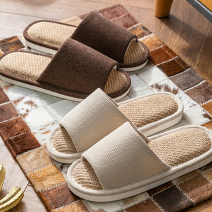 日式简约亚麻拖鞋男春秋四季通用男士家居室内情侣女舒适
