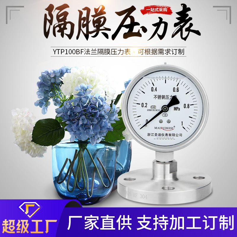 YTP100BF法兰连接DN25DN50316L衬四氟不锈钢耐震隔膜压力表