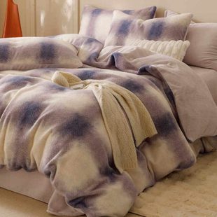 冬季加厚仿羊绒四件套简约珊瑚绒被套床单笠双面加绒保暖床上用品