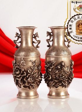 西藏红藏式传统手工浮雕富贵牡丹花藏银花瓶复古工艺品摆件一对