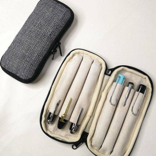 布邑手工笔袋六支装笔包灰色布艺钢笔收纳袋蓝色烧饼包粉色拉链包