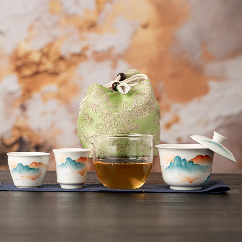 手绘山水荷花快客杯一壶两杯玻璃旅行茶具套装户外泡茶便携收纳包