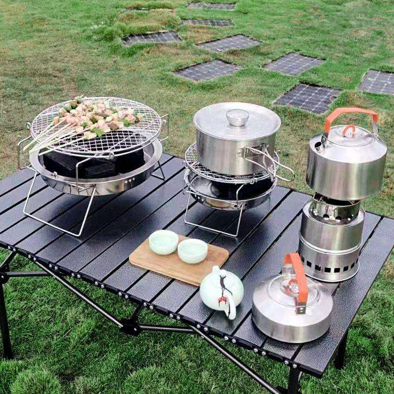 304不锈钢户外锅具野饮露营野餐便携折叠餐具多功能炊具收纳套装