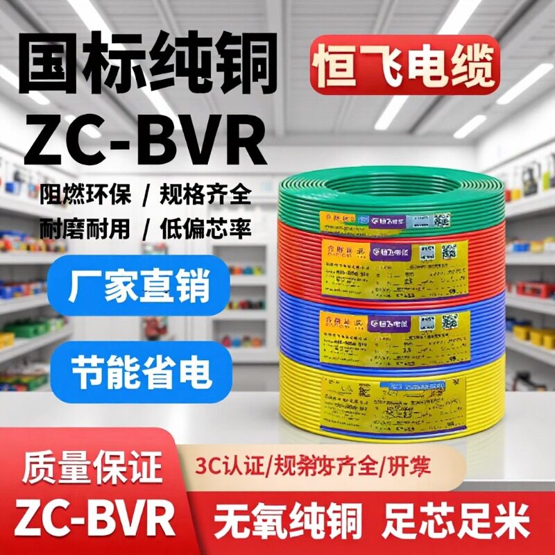 恒飞国标纯铜芯软线BVR1.5/2.5/4/6平方家用多股电线电缆厂家直销
