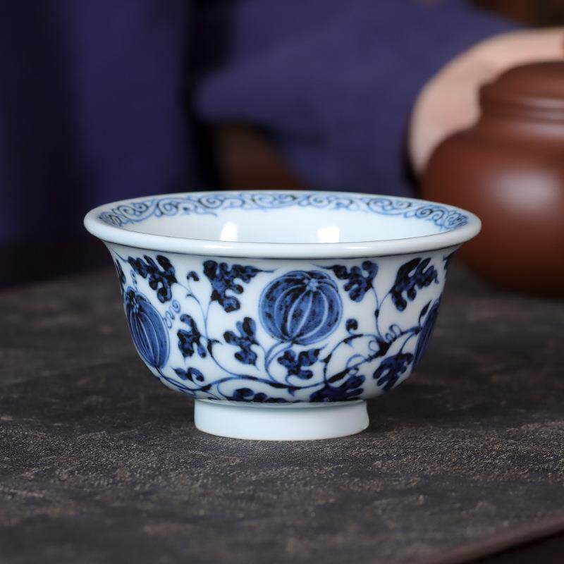 手绘元青花西瓜纹压手杯功夫仿古茶杯内外茶具品茗单杯中式送礼