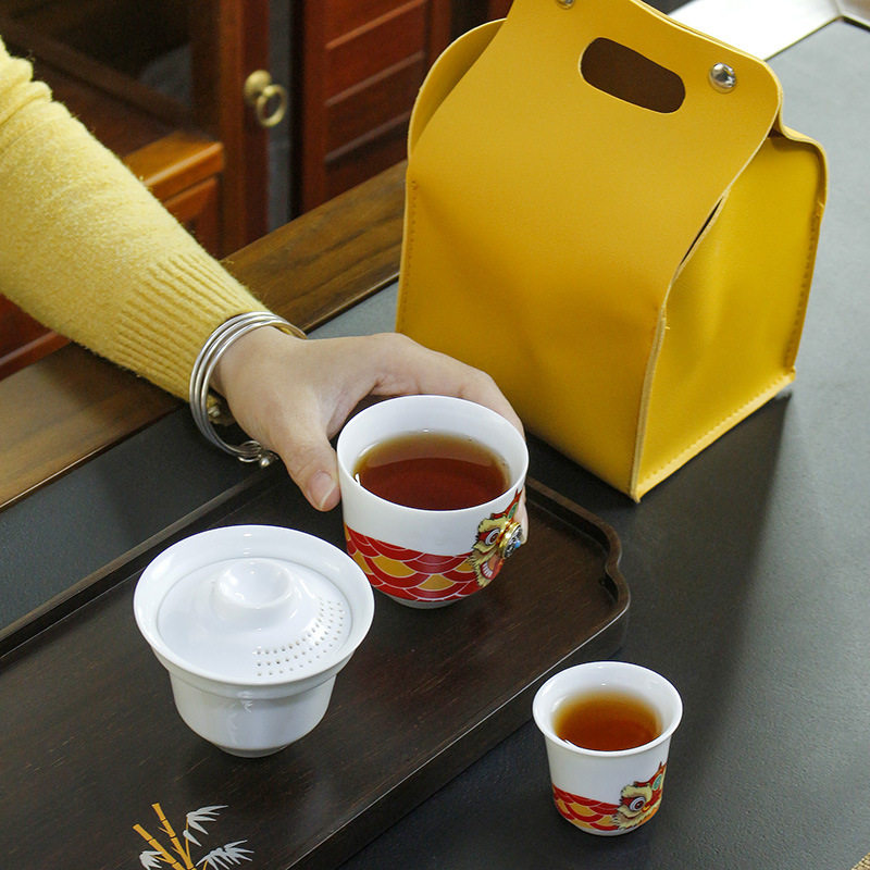 狮来运转旅行茶具套装玻璃单人一壶一杯车载便携冲茶器萌虎快客杯
