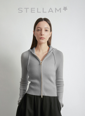 STELLAM女装全棉坑条连帽开衫女极简双头拉链软糯松弛感针织外套