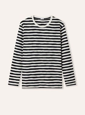 STELLAM女装OCE条纹圆领纯棉长袖T恤拼接撞色舒适显瘦