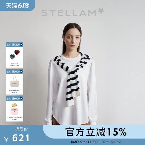 STELLAM女装100%匹马棉长袖T恤女极简前短后长宽松上衣CECE2.0