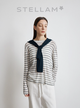 STELLAM女装PIMA条纹撞色棉质短袖长袖上衣轻薄柔软老钱设计感