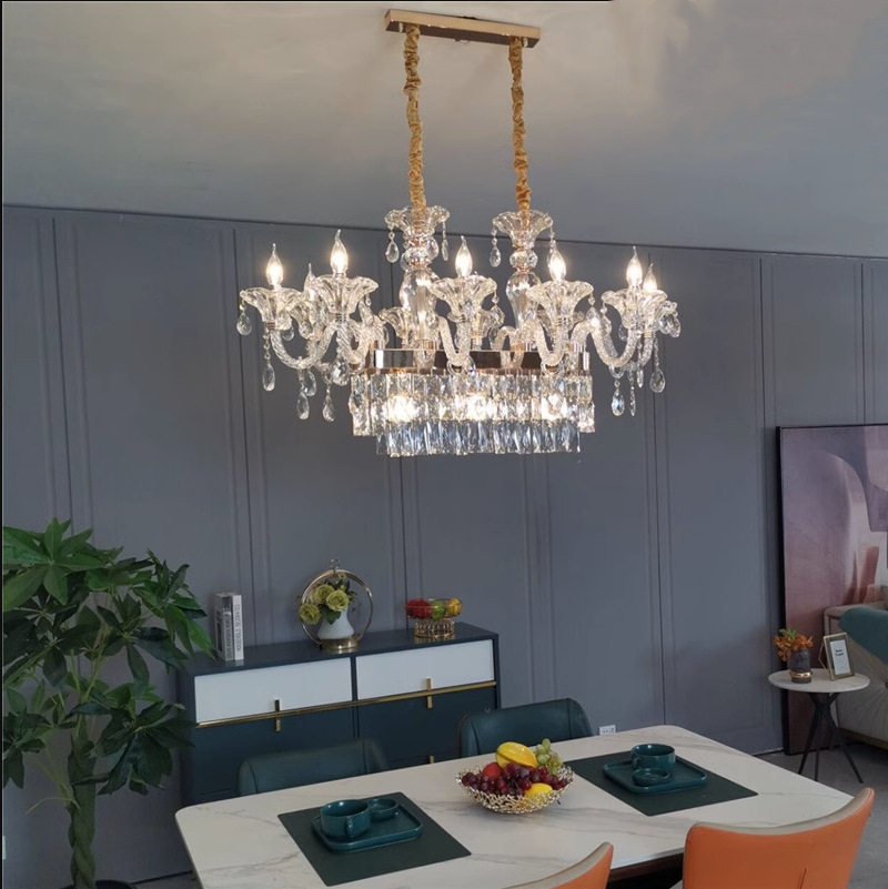 2024新款客餐厅吧台水晶吊灯长方形轻奢奢华别墅酒店饭厅蜡烛吊灯