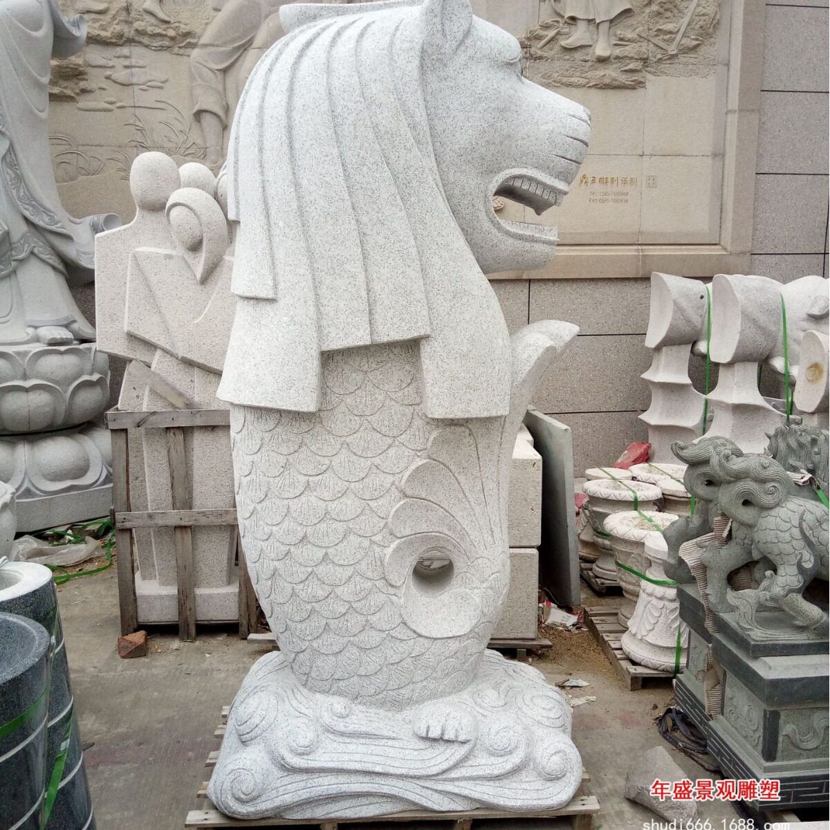 石雕喷水鱼尾狮厂家现货楼盘小区喷水摆件户外水景喷水动物雕塑