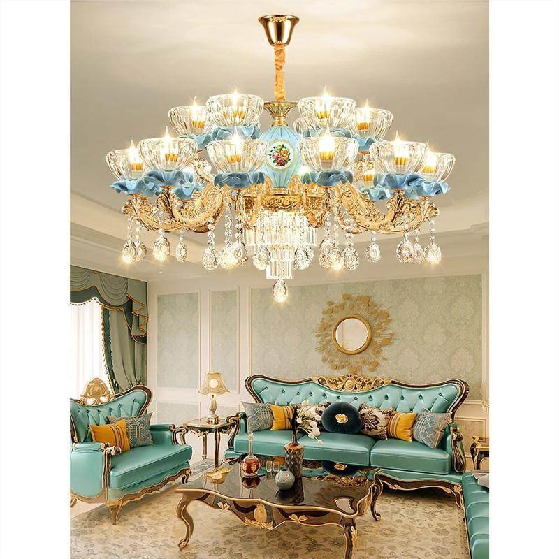 欧式吊灯简欧奢华大气法式轻奢别墅餐厅卧室蓝色陶瓷客厅水晶灯具